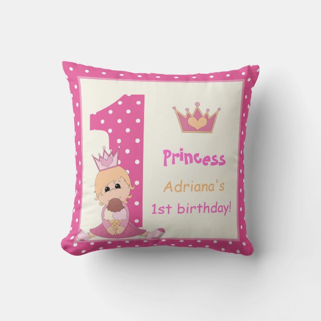 Coussin Petite princesse, filles 1er anniversaire pois ros (Recto)