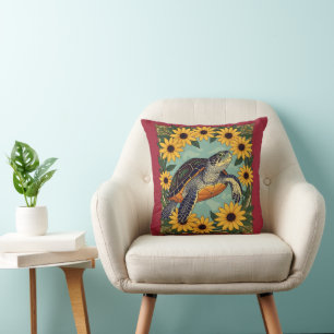 Coussin Petite Tortue Et Fleurs de Marguerite à Oeil Noir