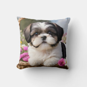 Coussin Petite Tzu Chiot Panier Fleurs
