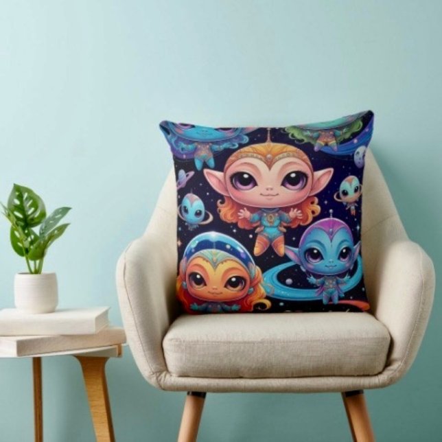 Coussin Petits Aliens Multicolores dans l'Espace (Créateur téléchargé)