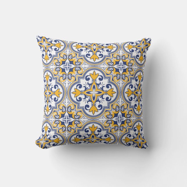 Coussin 💙 💛 Petits carreaux bleu et jaune Azulejos 9 (Recto)