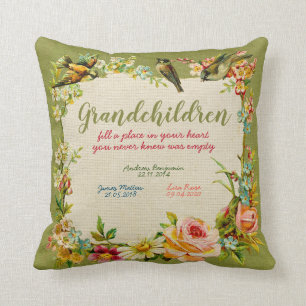 Coussin Petits-enfants - NOMS vintages oiseaux & fleurs