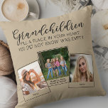 Coussin Petits-enfants Poème 3 Photo Collage Beige<br><div class="desc">Coussin photo personnalisé pour grands-parents ou petits-enfants. Le poème dit "petits-enfants remplissent une place dans votre coeur que vous ne saviez pas vide" et est écrit avec une calligraphie élégante et une typographie majuscule fantaisiste. Le modèle photo est configuré pour ajouter 3 de vos photos préférées, qui sont affichées dans...</div>