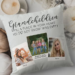 Coussin Petits-enfants Poème 3 Photo Collage Silver Grey<br><div class="desc">Coussin photo personnalisé pour grands-parents ou petits-enfants. Le poème dit "petits-enfants remplissent une place dans votre coeur que vous ne saviez pas vide" et est écrit avec une calligraphie élégante et une typographie majuscule fantaisiste. Le modèle photo est configuré pour ajouter 3 de vos photos préférées, qui sont affichées dans...</div>