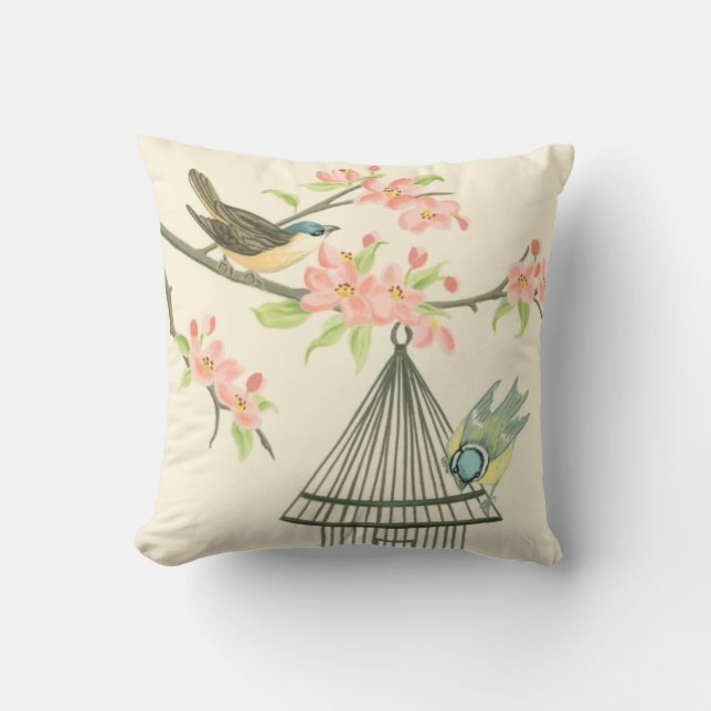 Coussin Petits oiseaux perchés sur une branche et sur une  (Recto)
