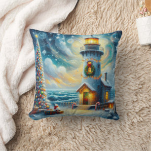 Coussin Phare de Noël Arbre Nautique Bleu Côtier