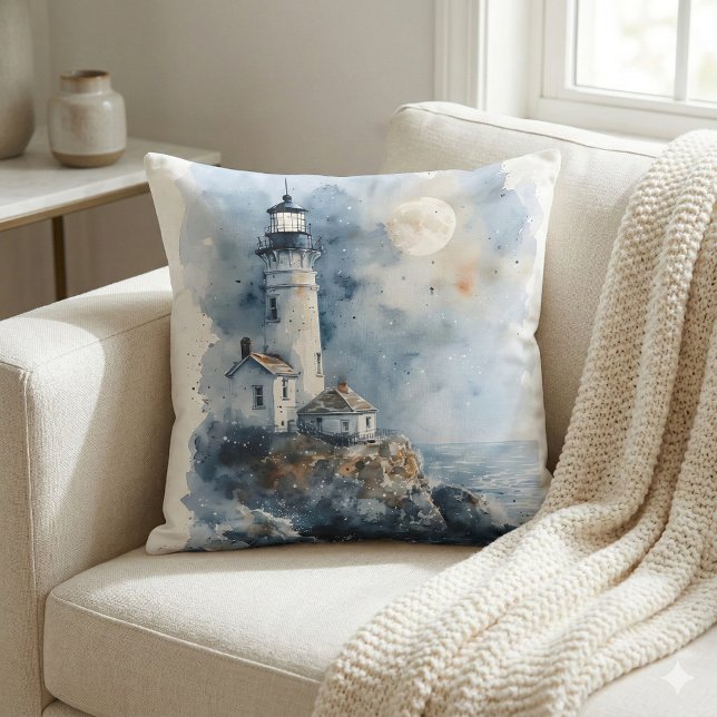 Coussin Phare éclairé par la lune sur une côte rocheuse (Moonlit Lighthouse on Rocky Coastline Throw Pillow Mockup A)