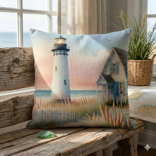 Coussin Phare et cottage au bord de la mer, scène aquarell