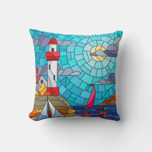 Coussin Phare et navires rouges et blancs