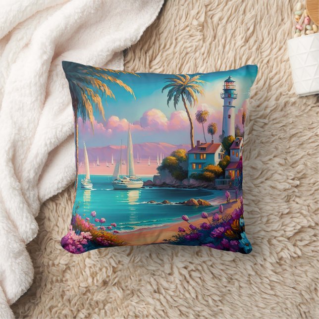 Coussin Phare île tropicale palmiers bateaux (Couverture)