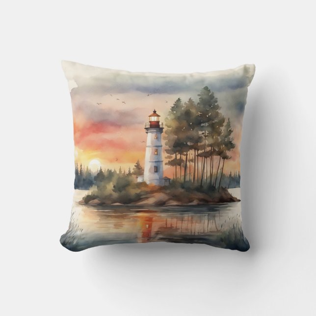 Coussin "Phare tropical au coucher du soleil - Aquarelle D (Recto)