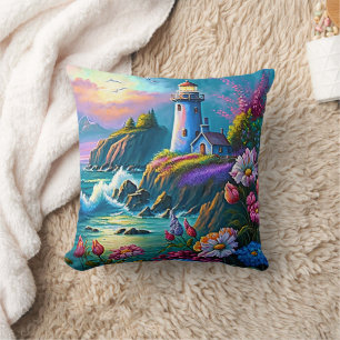 Coussin Phare Vagues Océan Fleurs Colorées