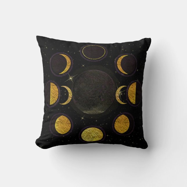Coussin Phases de lune magiques noires et dorées (Recto)