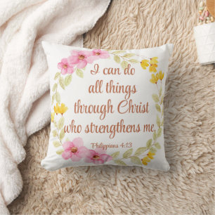 Coussin Philippiens 4:13 Écriture florale rose et jaune