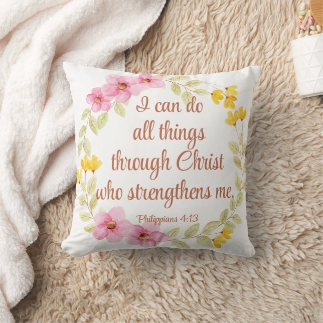 Coussin Philippiens 4:13 Écriture florale rose et jaune (Couverture)