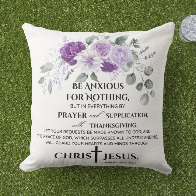 Coussin Philippiens 4:6-7 Écriture Fleurs violettes pourpr (Herbe)