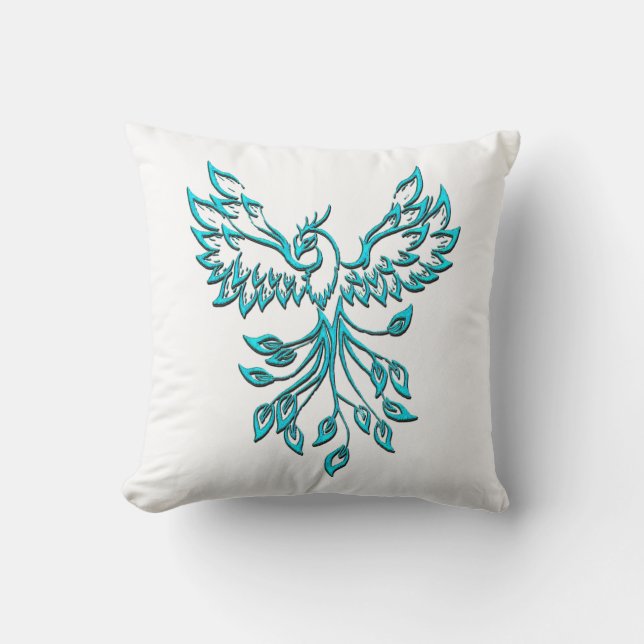 Coussin Phoenix bleu se lève sur blanc (Recto)