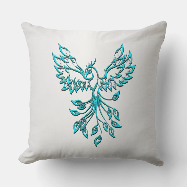 Coussin Phoenix bleu turquoise se lève sur l'argent (Recto)