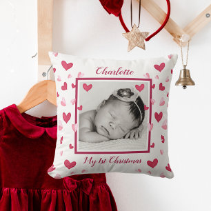 Coussin Photo bébé, Noël, Nom, Coeurs