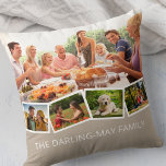 Coussin Photo Collage Nom de famille ZigZag Photo Strip<br><div class="desc">Personnalisez cet oreiller heureux avec vos photos de famille préférées. Le modèle est configuré pour que vous puissiez ajouter jusqu'à 5 photos et votre nom de famille (ou texte personnalisé). La photo principale sera utilisée comme arrière - plan et les 4 photos restantes seront disposées dans une bande photo en...</div>