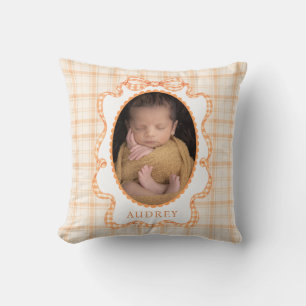 Coussin Photo de bébé à carreaux orange d'automne