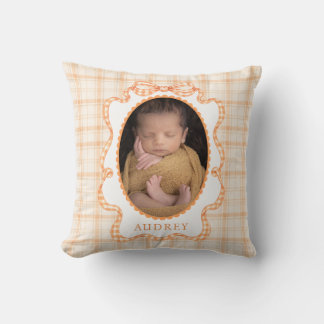 Coussin Photo de bébé à carreaux orange d'automne