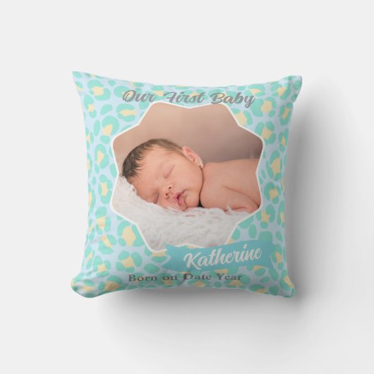 Coussin Photo de bébé pastel bleu jaune léopard (Recto)