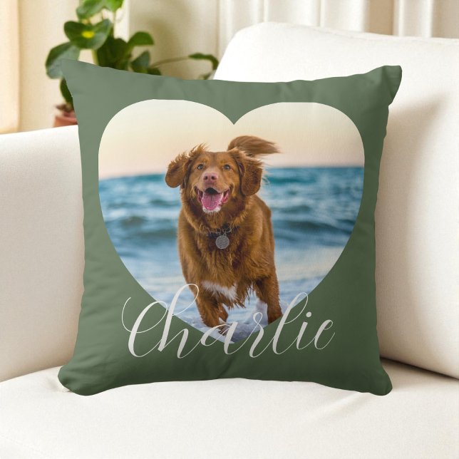 Coussin Photo de chien personnalisé avec écriture verte et (Pet Photo Green Script Cute Heart Personalized Dog Throw Pillow)