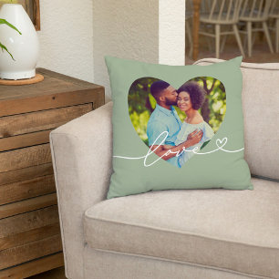 Coussin Photo de cœur de script d'amour vert sauge