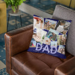 Coussin Photo de collection Papa : 'We Love You'<br><div class="desc">Faites savoir à papa combien il est aimé avec ce coussin de collage photo moderne, avec dix (10) photos de votre choix qui peut facilement être téléchargé à partir de votre téléphone ou ordinateur sur un arrière - plan bleu marine tendance, le texte - DAD dans la couleur ciel bleu...</div>