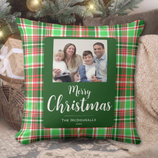 Coussin Photo de famille carreau rouge vert Joyeux Noël