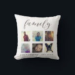 Coussin Photo de famille Collage Nom et année Est<br><div class="desc">Jetez un oreiller minimaliste avec un collage photo des membres de votre famille,  le mot "famille" dans un joli script,  et votre nom de famille et l'année établie.</div>