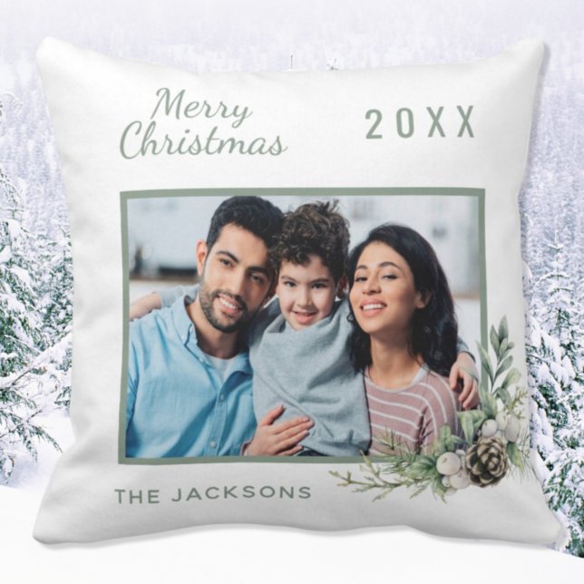 Coussin Photo de famille de Noël blanc nom de pin cône (Créateur téléchargé)