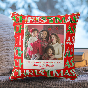 Coussin Photo de famille de Noël rétro festif rouge