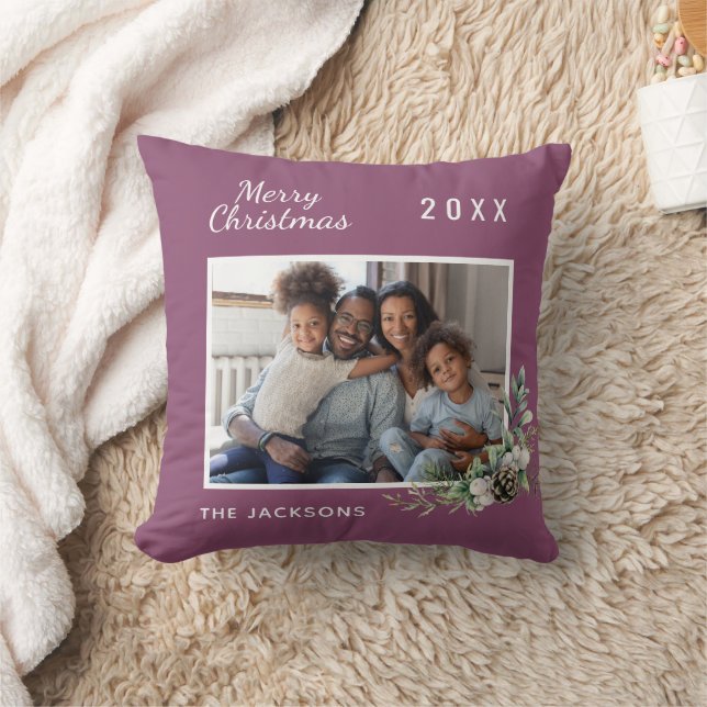 Coussin Photo de famille de Noël violet cône nom pin (Couverture)