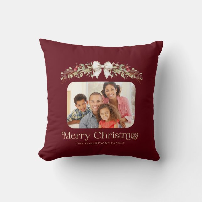 Coussin Photo de famille Moderne Script Joyeux Noël (Recto)