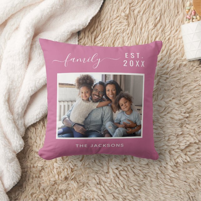 Coussin Photo de famille script de nom rose foncé (Couverture)