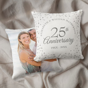 Coussin Photo de mariage chic cœurs argentés 25e anniversa