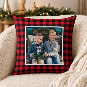 Coussin Photo de Noël à carreaux gras rouge noir Buffalo