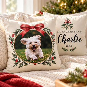Coussin Photo de Noël de chien pour la première fois sous