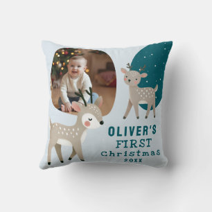 Coussin Photo de Noël du 1er Noël de bébé mignon avec renn