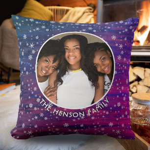 Coussin Photo de Noël flocon de neige en bois rustique ros