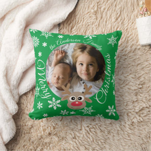 Coussin Photo de Noël Vert blanc Script mignon renne