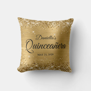 Coussin Photo de Quinceanera Glamour Doré Pailleté