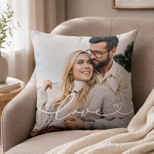 Coussin Photo de script de cœur d'amour Texte blanc