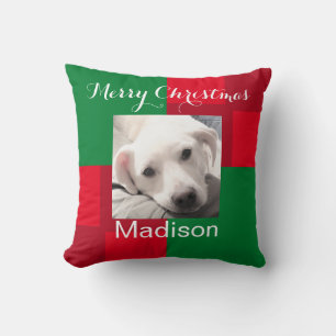 Coussin Photo de vacances de chien mignon rouge et vert