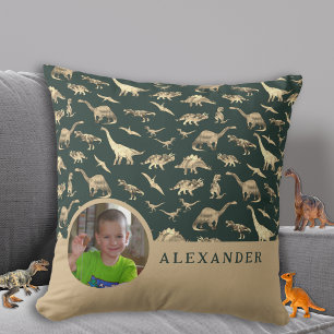 Coussin Photo et nom personnalisés de dinosaure vert