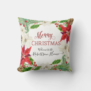 Coussin PHOTO Joyeux Noël Floral Wreath Holly Foliing