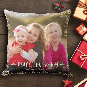Coussin Photo Peace Love Joy Gold Snowflake Élégant Script