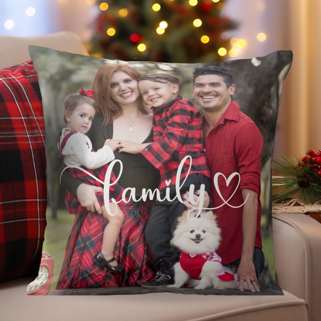Coussin Photo personnalisée avec superposition de script d (Custom Photo with Family Script Overlay Double Sided Throw Pillow - Just add your favorite photo)